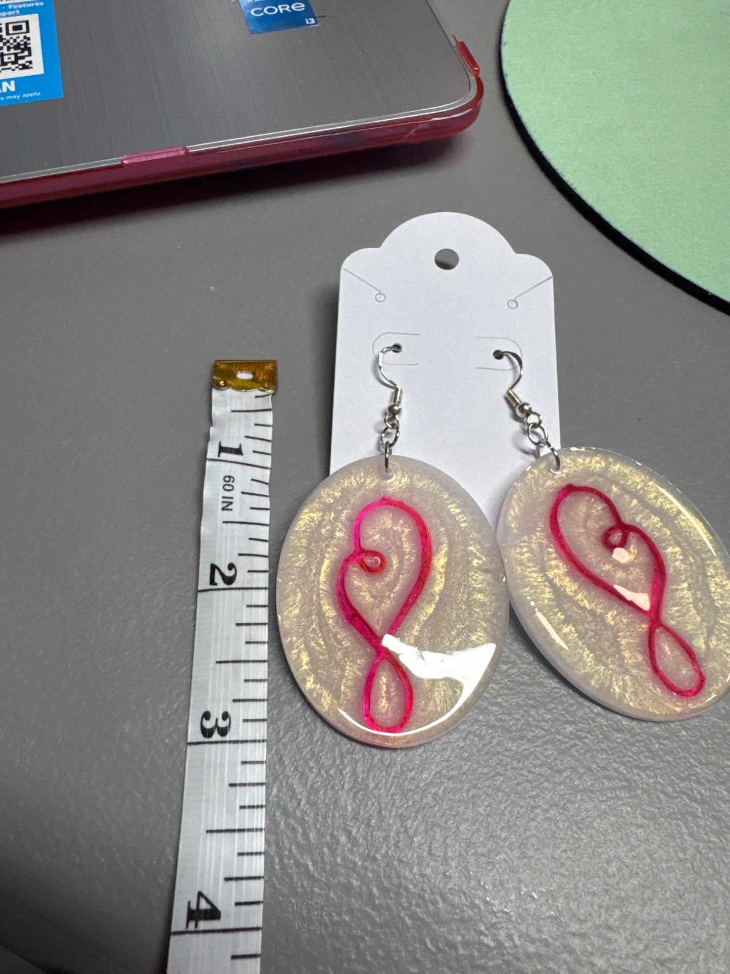 Pearl Resin with Pink Heart Teardrop Earrings