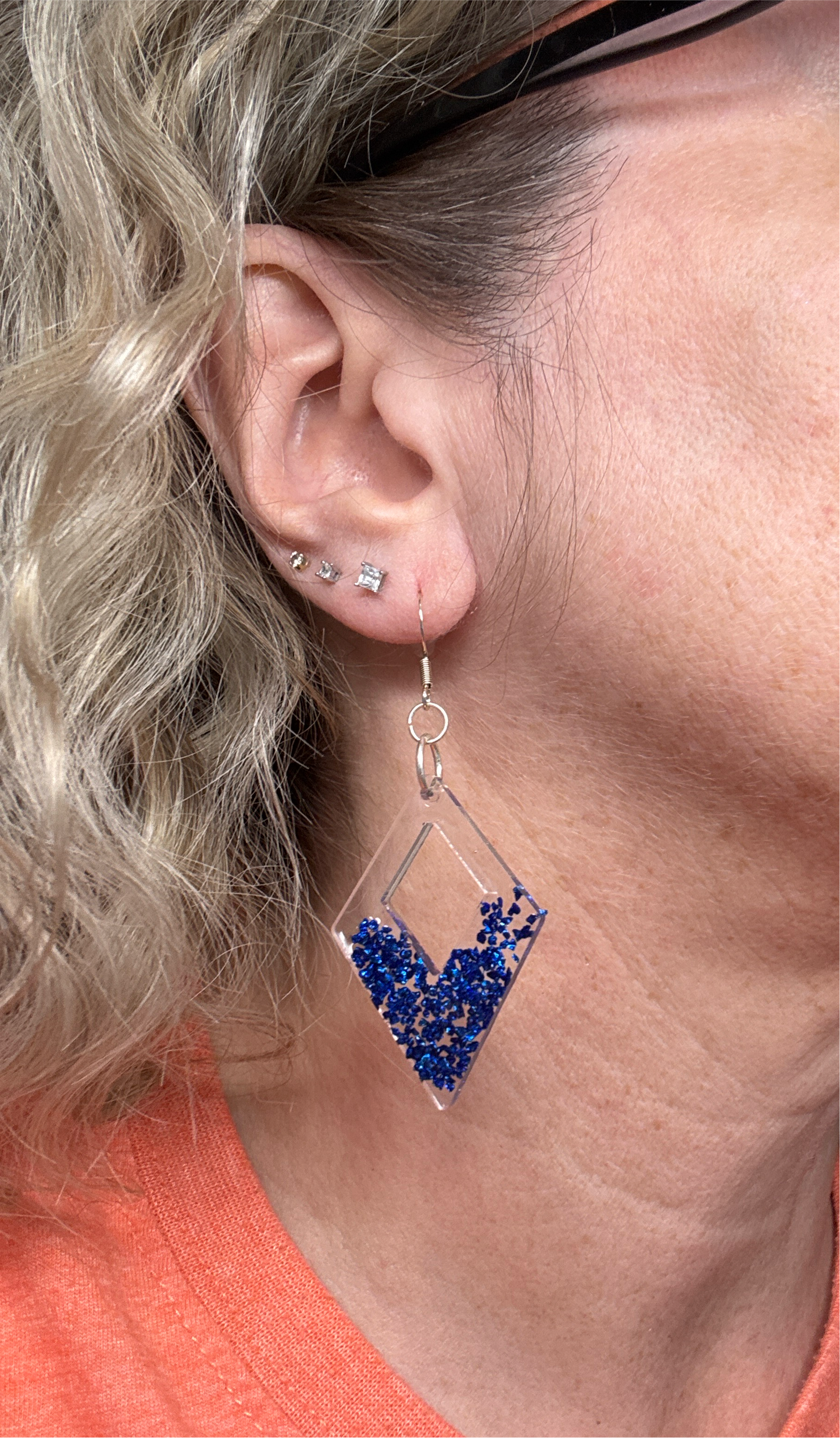 Blue Glass Pieces Diamond Shaped Resin Earrings