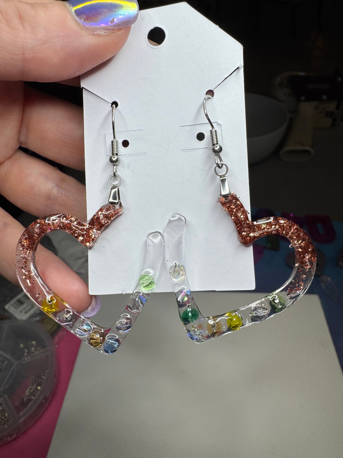 Copper Spark Heart Resin Earrings