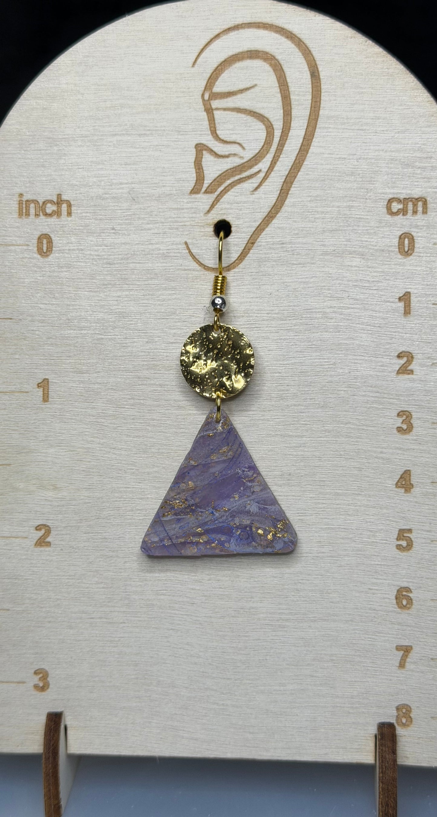 Handmade Lavender & Gold Triangle Polymer Clay Earrings | Gold Foil Geometric Statement Dangles