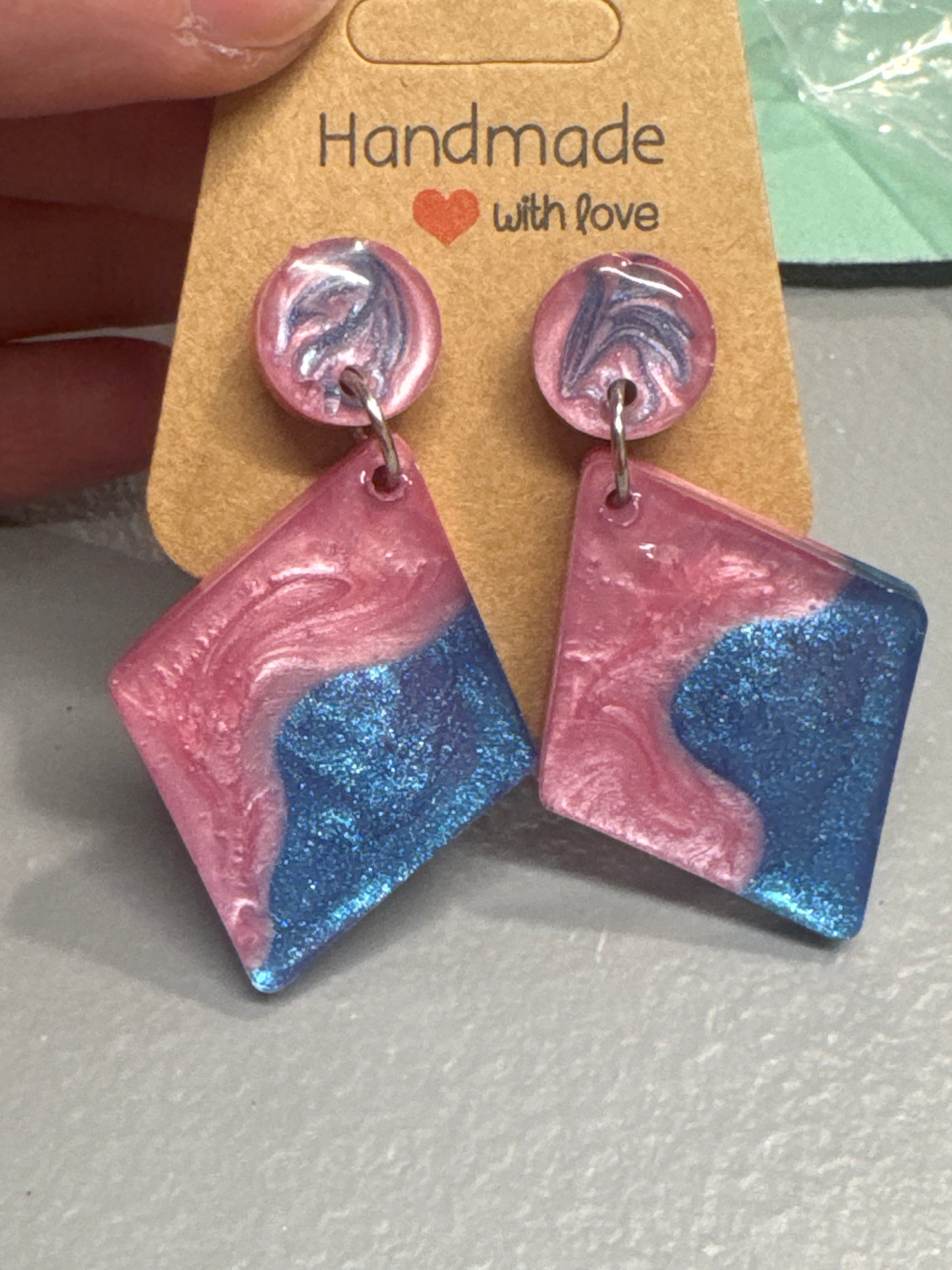 Blue and Pink Diamond Shape Resin Earrings