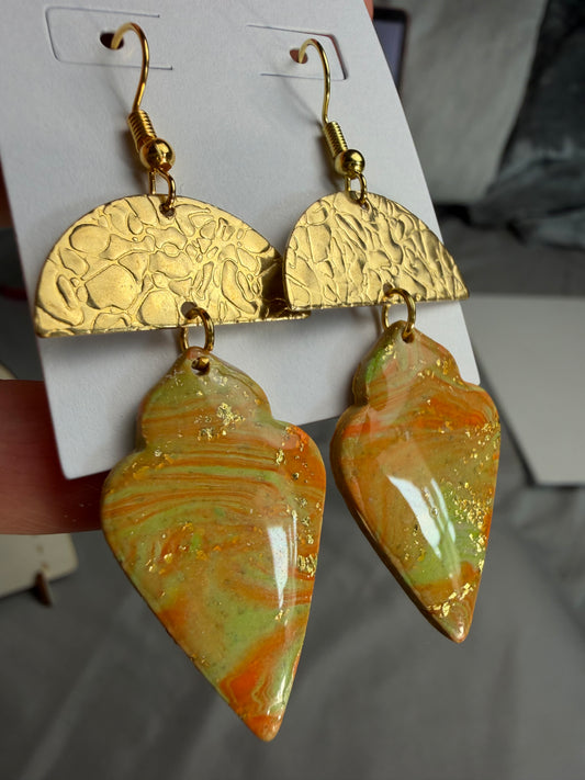 Handmade Polymer Clay Statement Earrings | Gold Textured Arch & Marbled Sage Green Orange Dangle Earrings | Lightweight Boho Jewelry Gift for Her