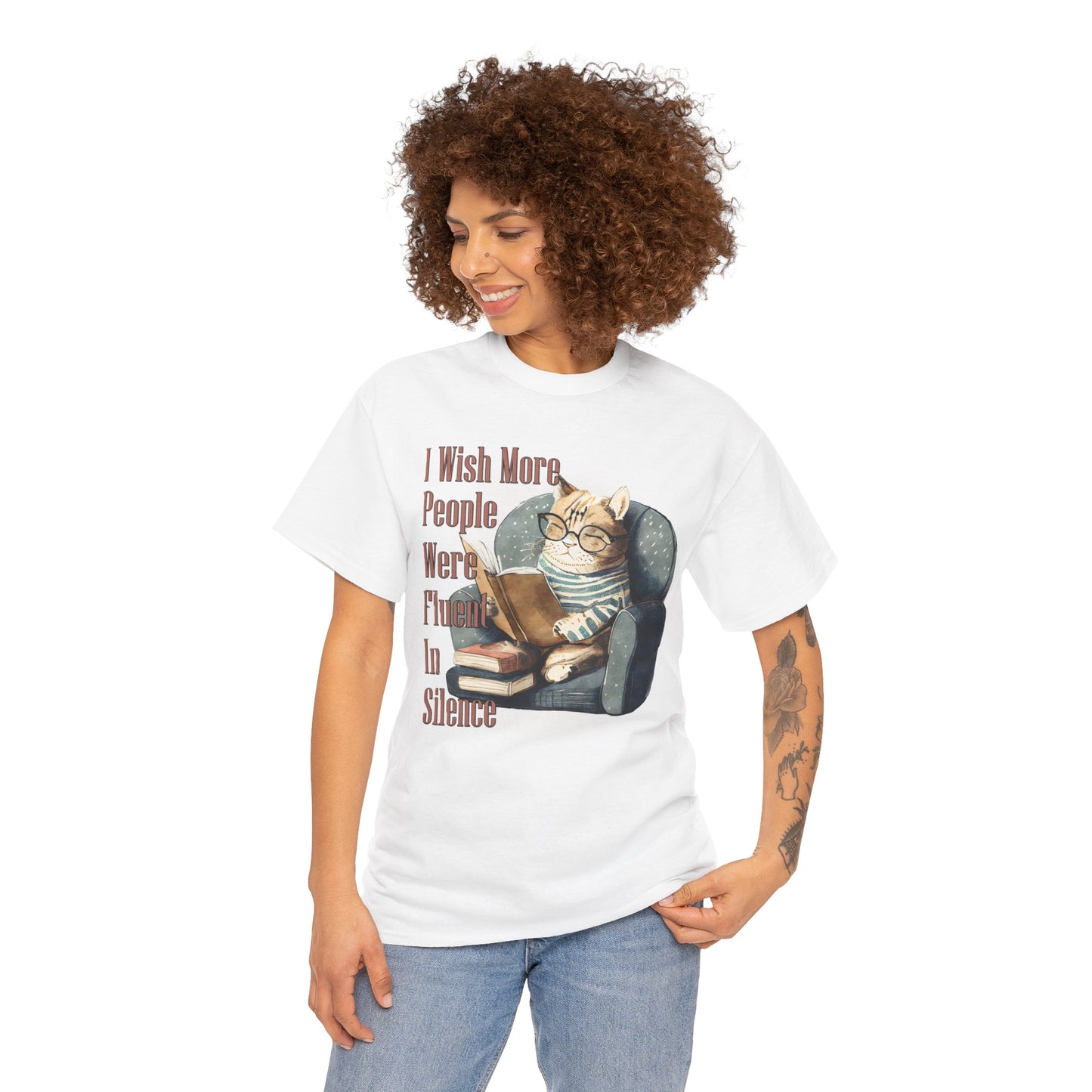 Charming Cat Reading Tee, Funny Cat Lover Shirt, Silent Reader Gift, Cozy Everyday Wear, Unisex Cotton Top