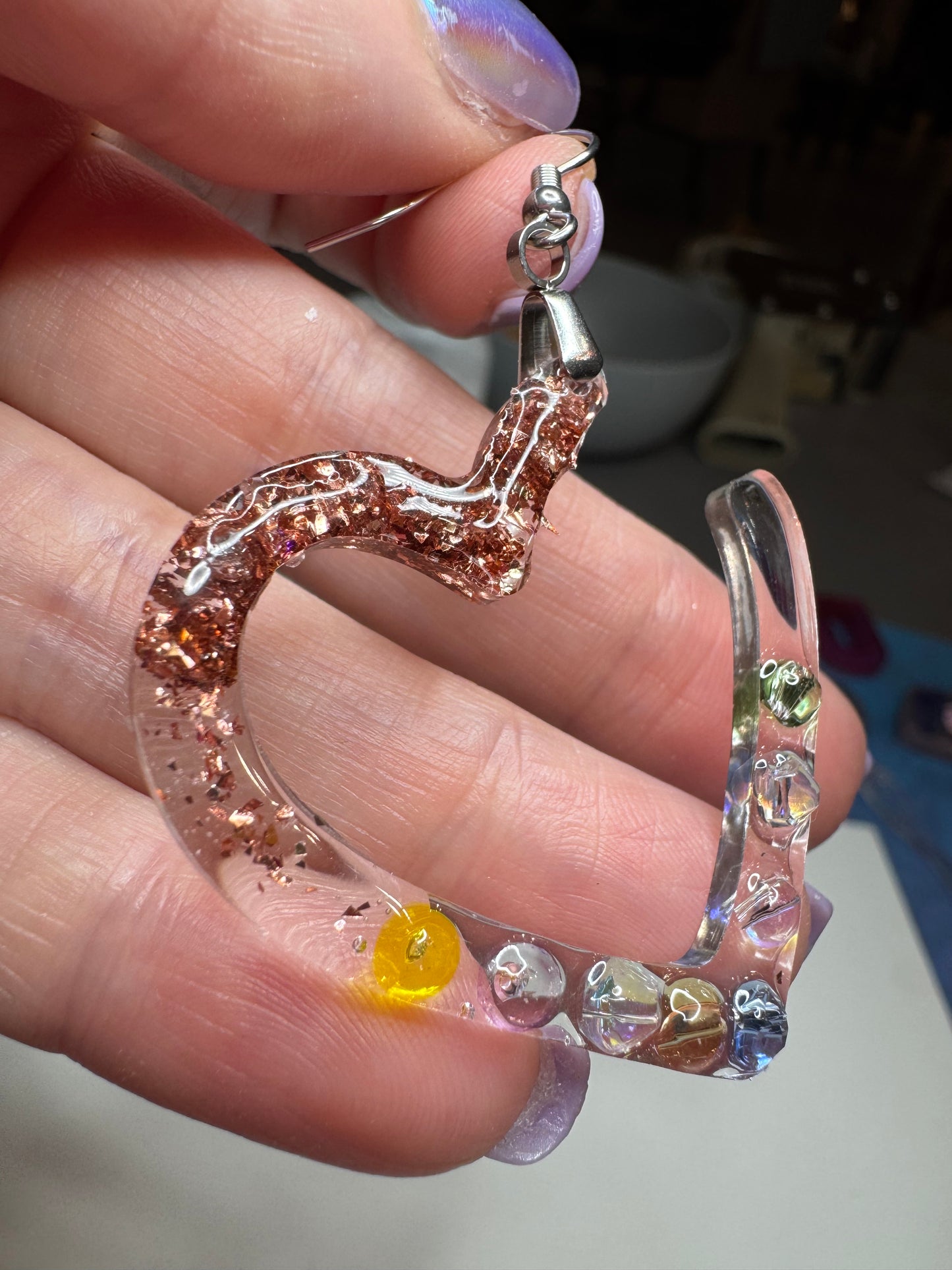 Copper Spark Heart Resin Earrings