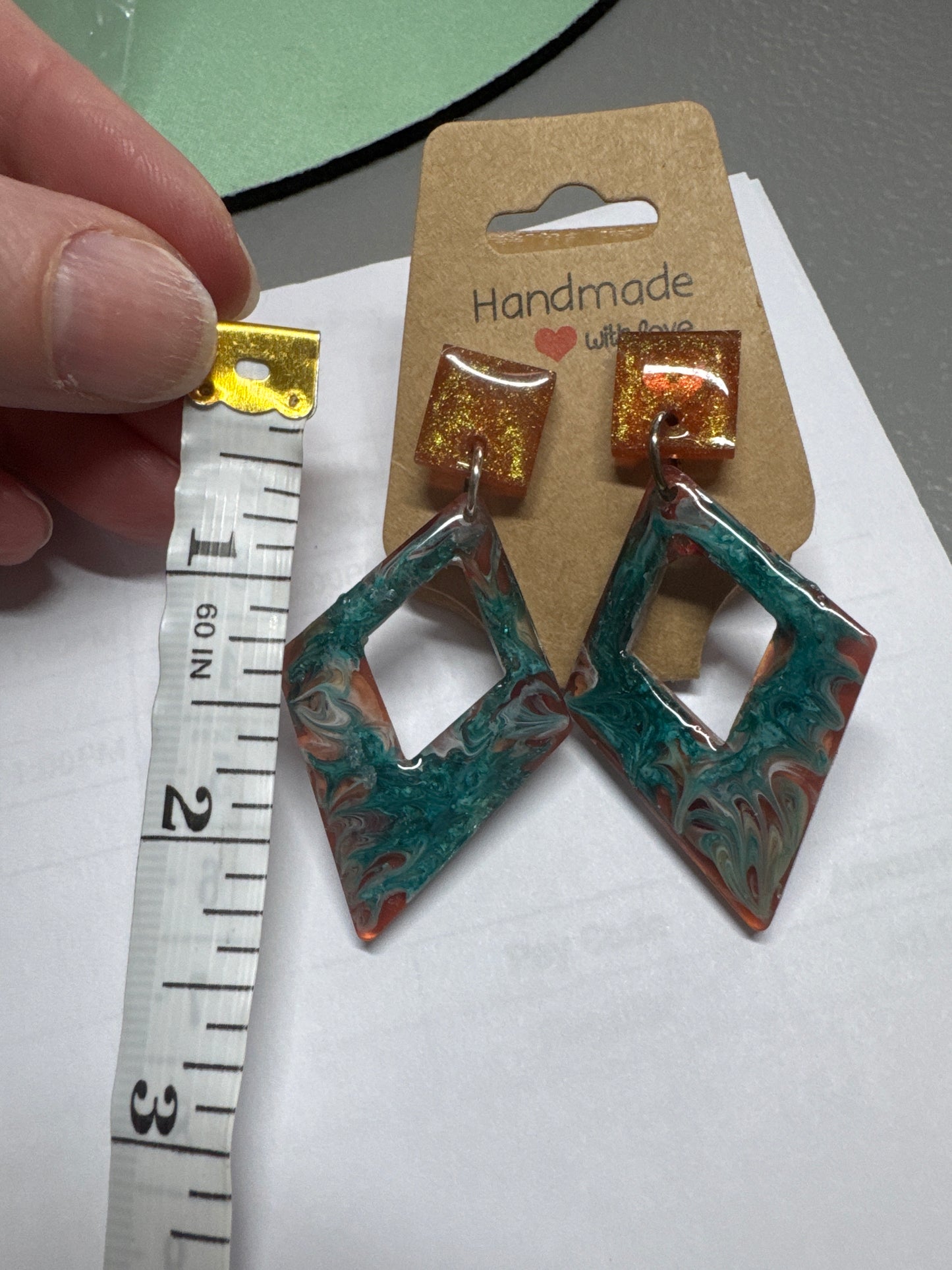 Green and Gold Dangle Resin Earrings