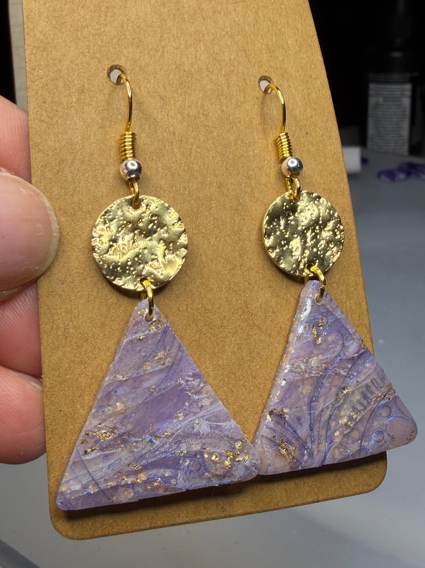 Handmade Lavender & Gold Triangle Polymer Clay Earrings | Gold Foil Geometric Statement Dangles