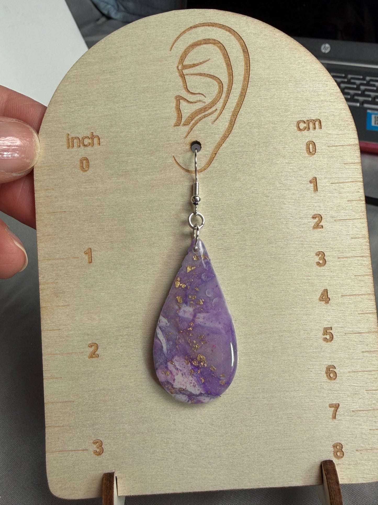 Handmade Purple Marble Teardrop Earrings | Polymer Clay & Resin Dangle Earrings with Gold Foil