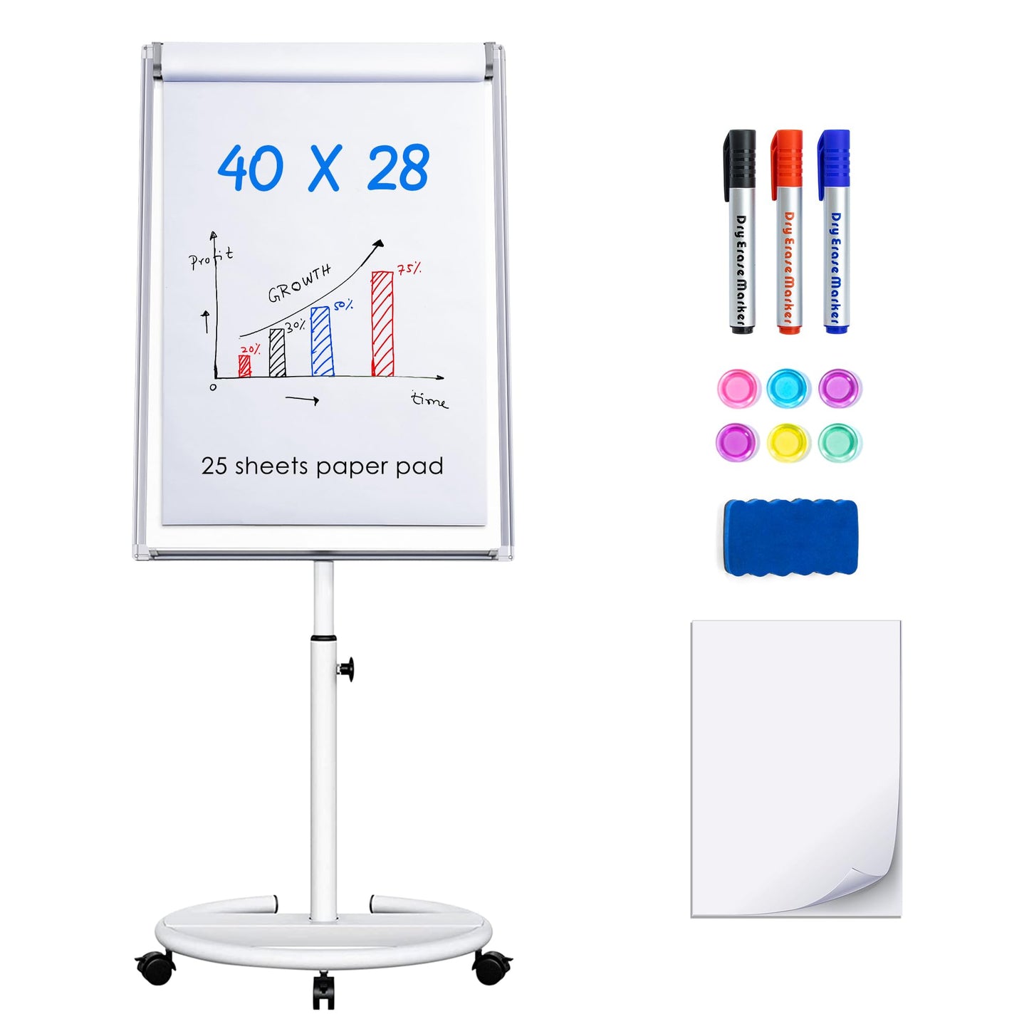 maxtek Mobile Dry Erase Board – 40x28 inches Magnetic Portable Whiteboard Stand Easel White Board Flipchart Easel Board with 25 Sheets Paper Pad