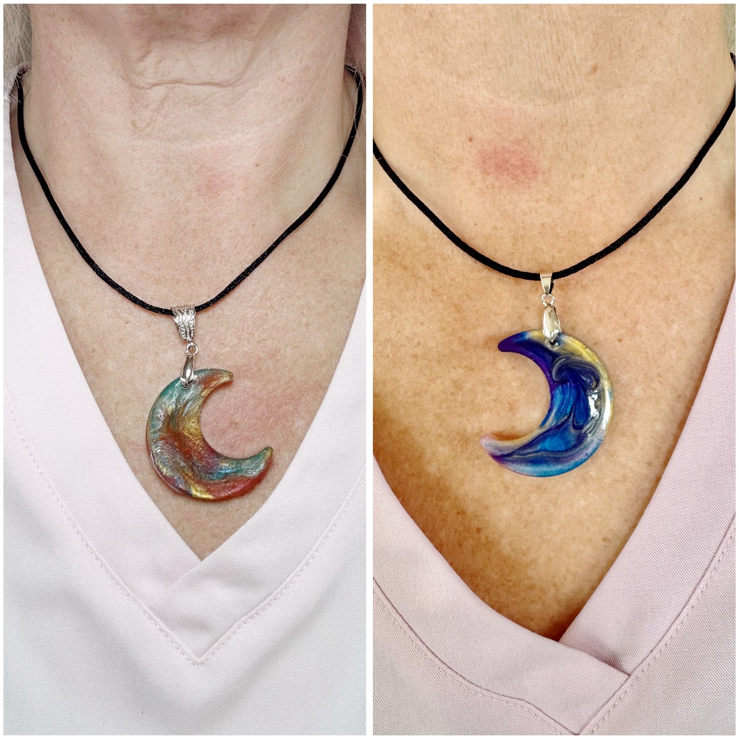 Resin Moon with Mica Color Swirl Necklace - Unique Design Pendant on Black Cord.