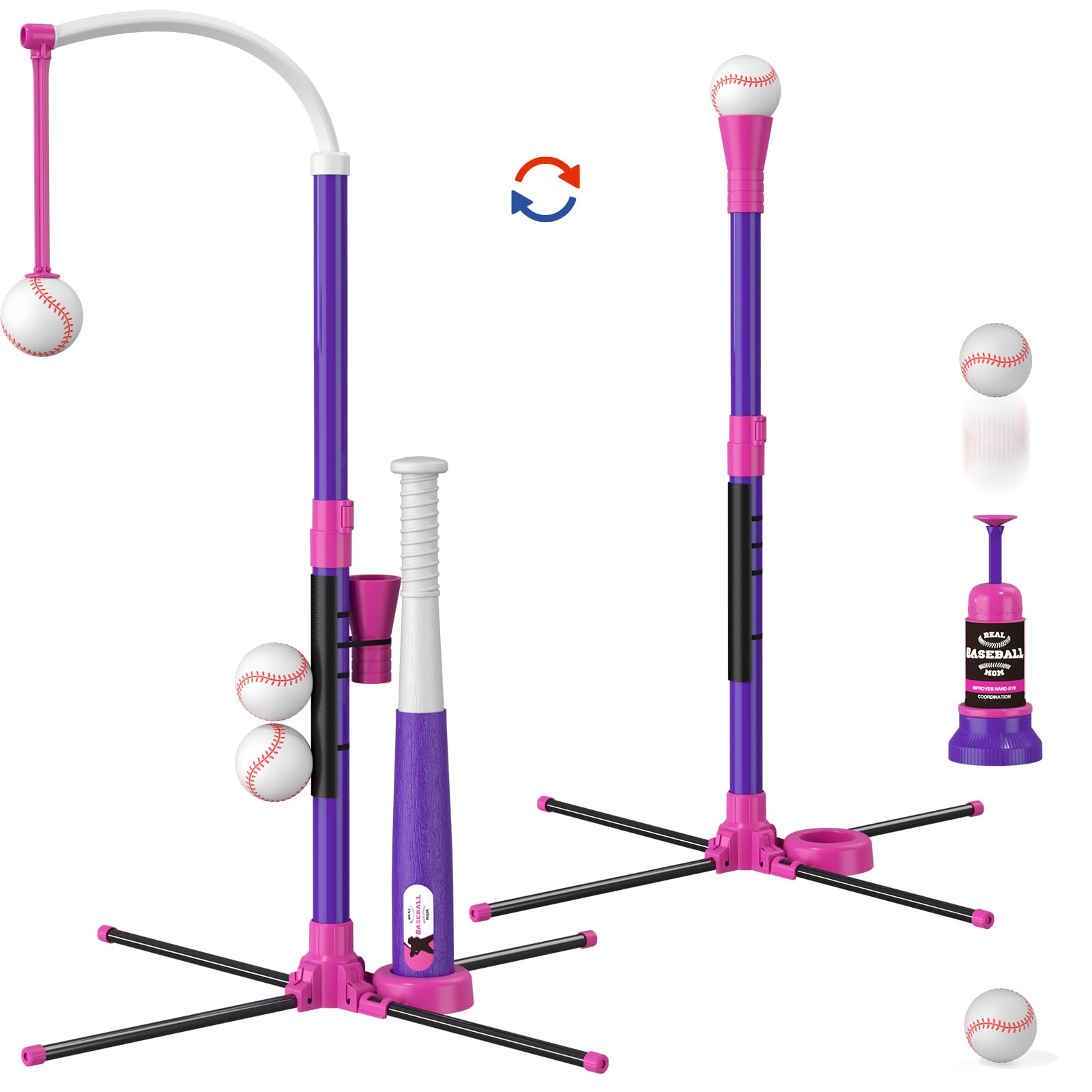 3-in-1 Baseball Set for Kids 3-5 - Tee Ball Stand, Hanging Tee, Ball Launcher and 6 Softballs - Adjustable Height, Indoor/Outdoor Sport Gifts for Boys Girls, Blue