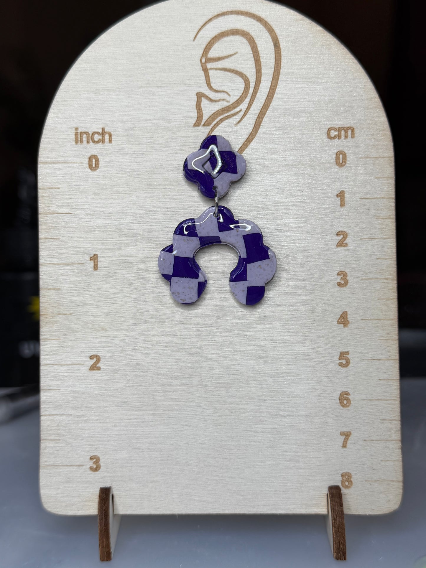 Handmade Purple Checkerboard Polymer Clay Arch Earrings | Lightweight Geometric Statement Dangle Earrings