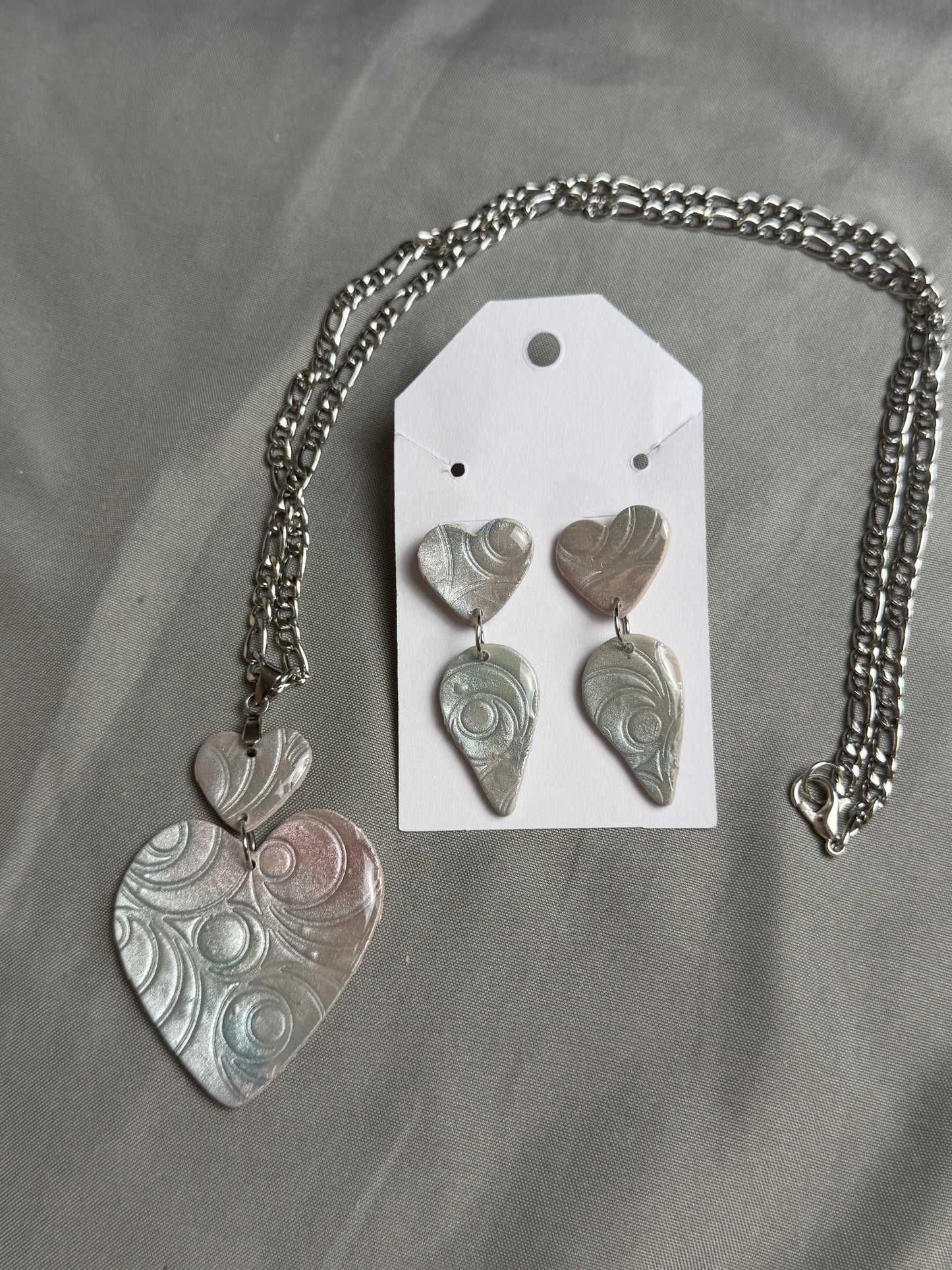 Handmade Polymer Clay Heart Jewelry Set | Pearl Iridescent Heart Pendant Necklace & Matching Earrings | Lightweight Romantic Gift for Her