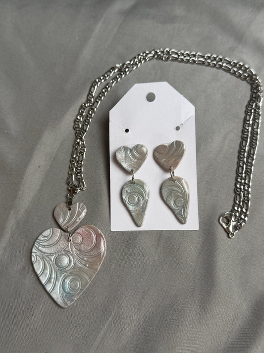 Handmade Polymer Clay Heart Jewelry Set | Pearl Iridescent Heart Pendant Necklace & Matching Earrings | Lightweight Romantic Gift for Her