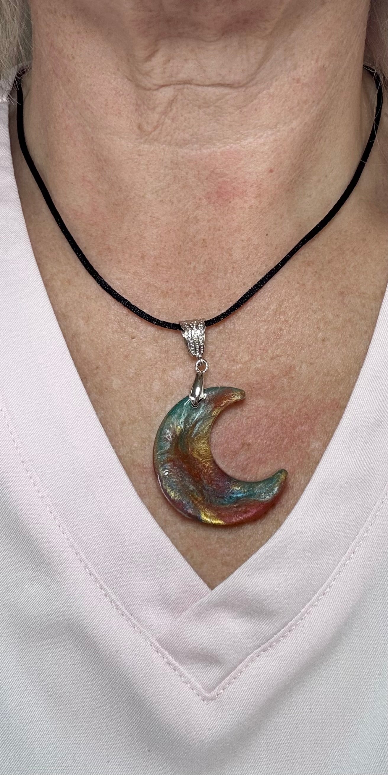 Resin Moon with Mica Color Swirl Necklace - Unique Design Pendant on Black Cord.