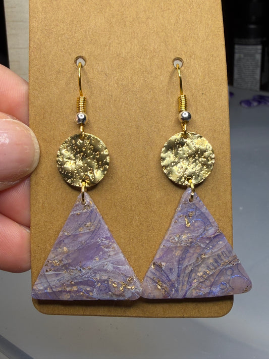 Handmade Lavender & Gold Triangle Polymer Clay Earrings | Gold Foil Geometric Statement Dangles