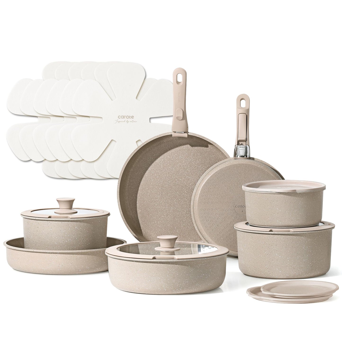 CAROTE 11pcs Pots and Pans Set, Nonstick Cookware Detachable/Removable Handle, Induction RV Kitchen Set, Oven Safe, Cream White