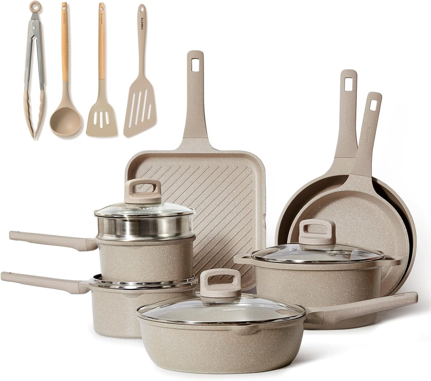 CAROTE 11pcs Pots and Pans Set, Nonstick Cookware Detachable/Removable Handle, Induction RV Kitchen Set, Oven Safe, Cream White