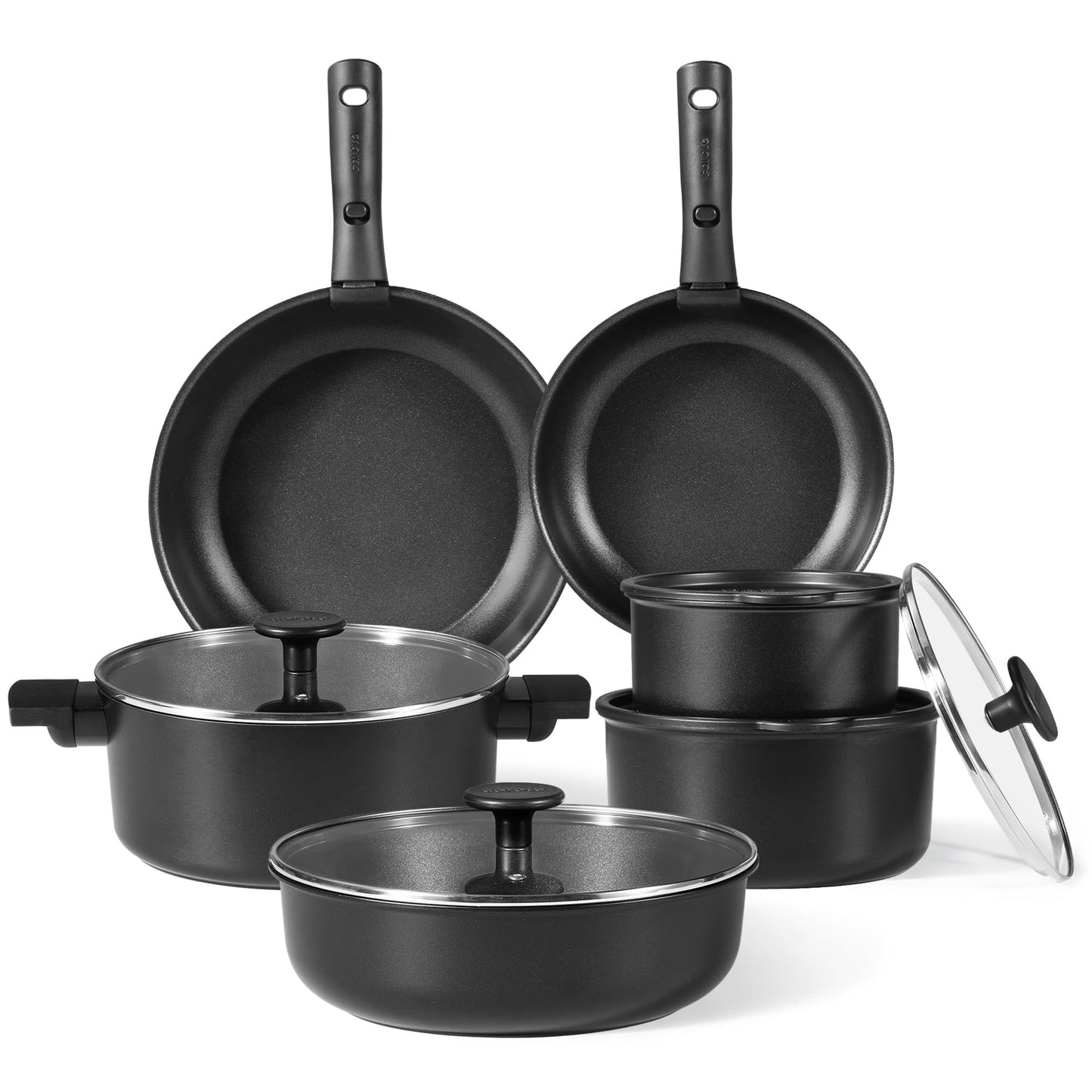 CAROTE 11pcs Pots and Pans Set, Nonstick Cookware Detachable/Removable Handle, Induction RV Kitchen Set, Oven Safe, Cream White