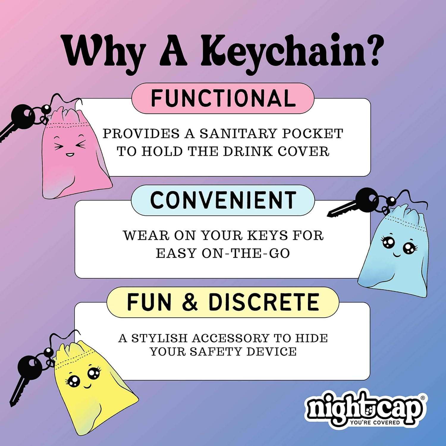 Nightcap Keychain - The Reusable Drink Spiking Prevention Accessory - Conveniently Attach the Key Ring Key Chain Pouch to Your Keys, Handbags, or Purse for Quick Access 2pk