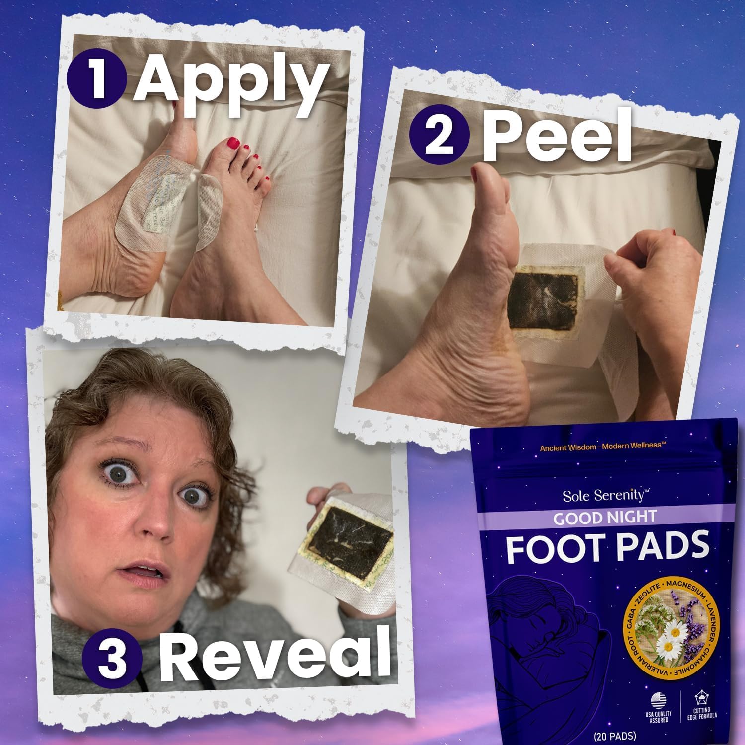 Sole Serenity Foot Pads - Zeolite Mineral, Ginger Root, Wormwood, Bamboo Vinegar, Foot Spa for Tired Feet (Good Night - 1 Pack)