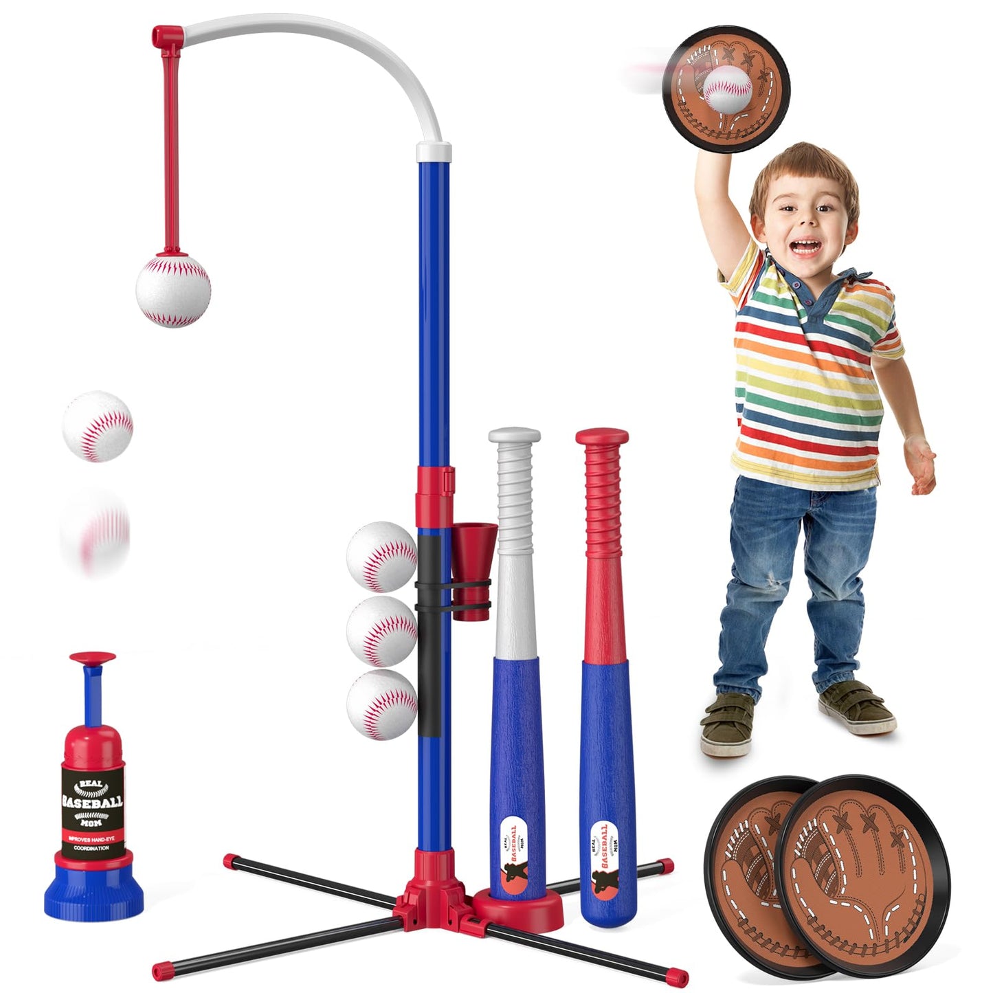 3-in-1 Baseball Set for Kids 3-5 - Tee Ball Stand, Hanging Tee, Ball Launcher and 6 Softballs - Adjustable Height, Indoor/Outdoor Sport Gifts for Boys Girls, Blue