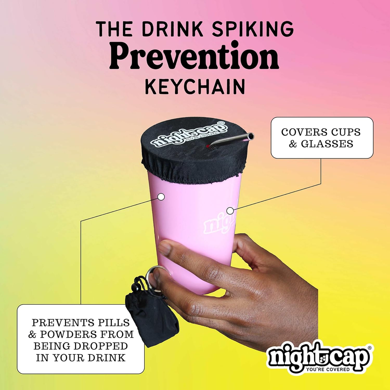 Nightcap Keychain - The Reusable Drink Spiking Prevention Accessory - Conveniently Attach the Key Ring Key Chain Pouch to Your Keys, Handbags, or Purse for Quick Access 2pk
