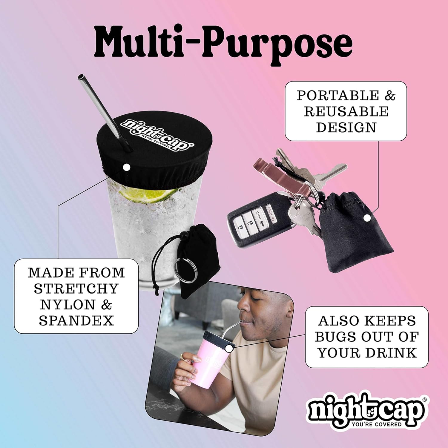 Nightcap Keychain - The Reusable Drink Spiking Prevention Accessory - Conveniently Attach the Key Ring Key Chain Pouch to Your Keys, Handbags, or Purse for Quick Access 2pk
