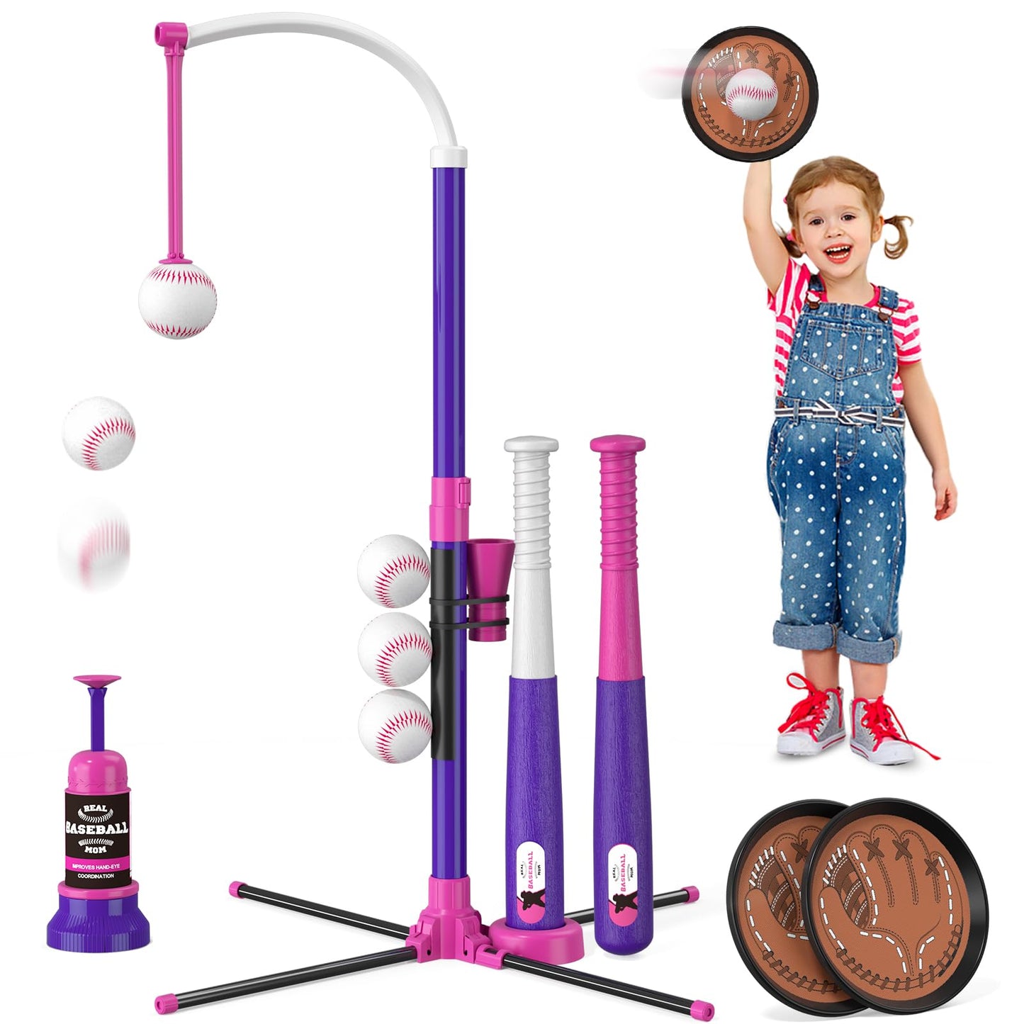 3-in-1 Baseball Set for Kids 3-5 - Tee Ball Stand, Hanging Tee, Ball Launcher and 6 Softballs - Adjustable Height, Indoor/Outdoor Sport Gifts for Boys Girls, Blue