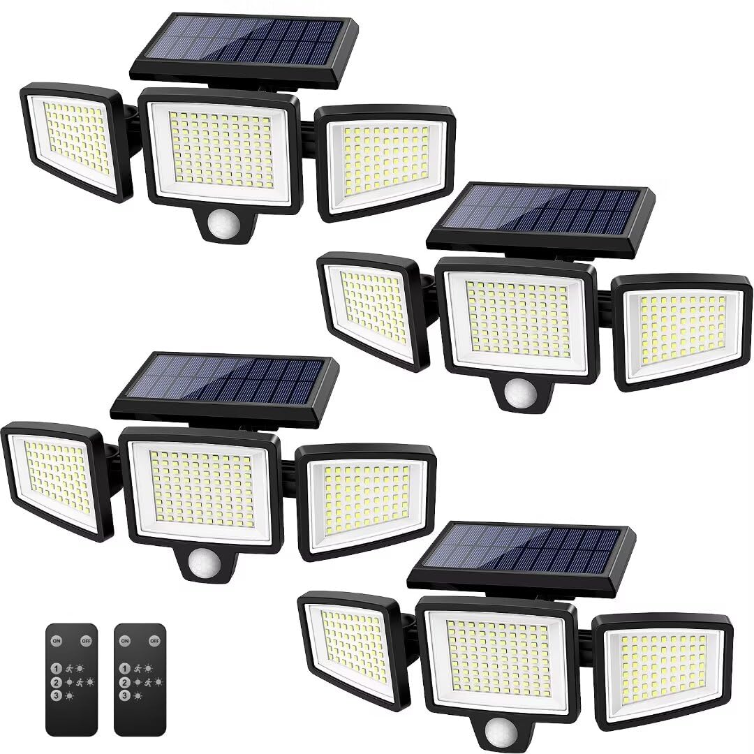 Tuffenough Solar Outdoor Lights 2500LM 210 LED Security Lights with Remote Control,3 Heads Motion Sensor Lights, IP65 Waterproof,270° Wide Angle Flood Wall Lights with 3 Modes (1 Pack)