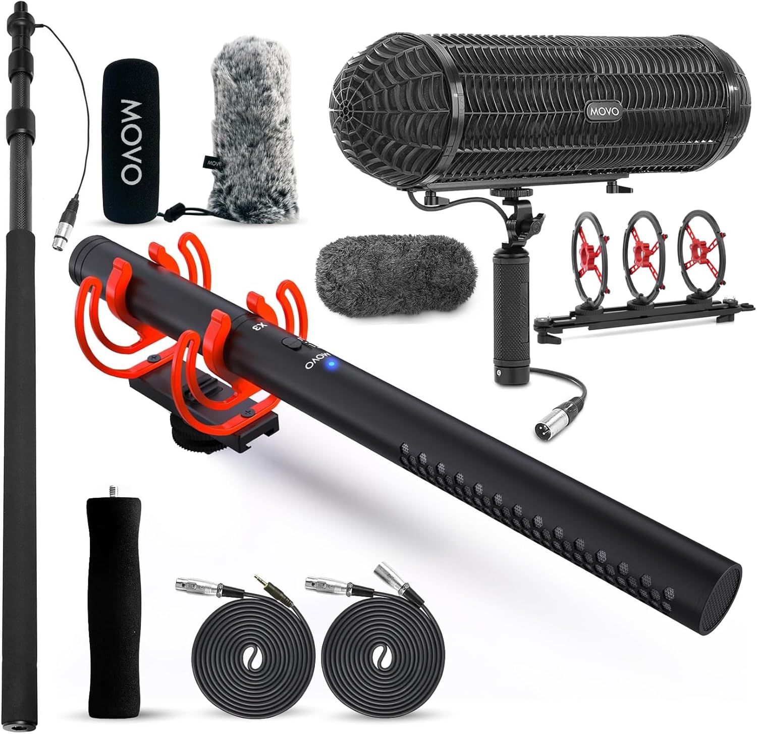 Movo X3-II XLR Shotgun Microphone, CMP-25 Boom Pole & BWS1000 Wind Blimp Bundle