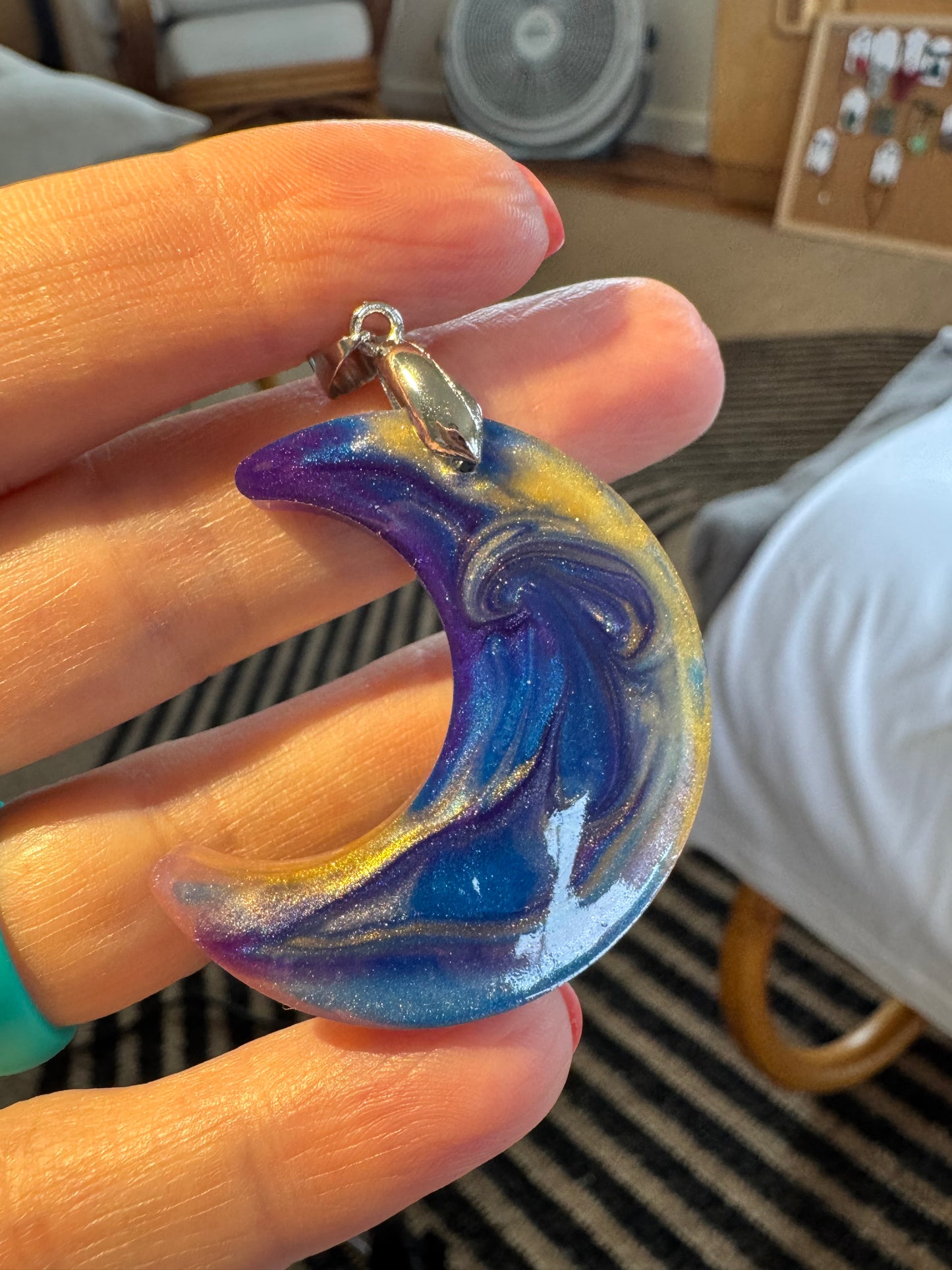 Resin Moon with Mica Color Swirl Necklace - Unique Design Pendant on Black Cord.