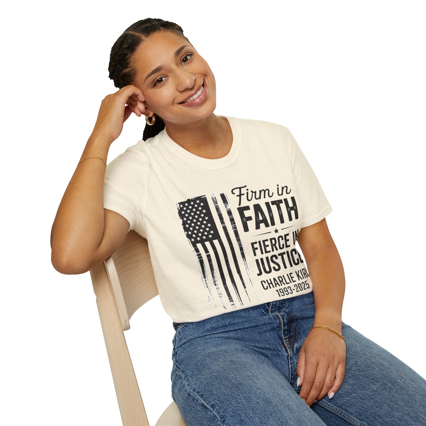 Patriotic Tribute T-Shirt - Firm in Faith, Fierce in Justice - Ideal for Memorials, Gift for Veterans, Casual Wear, Independence Day, [...]