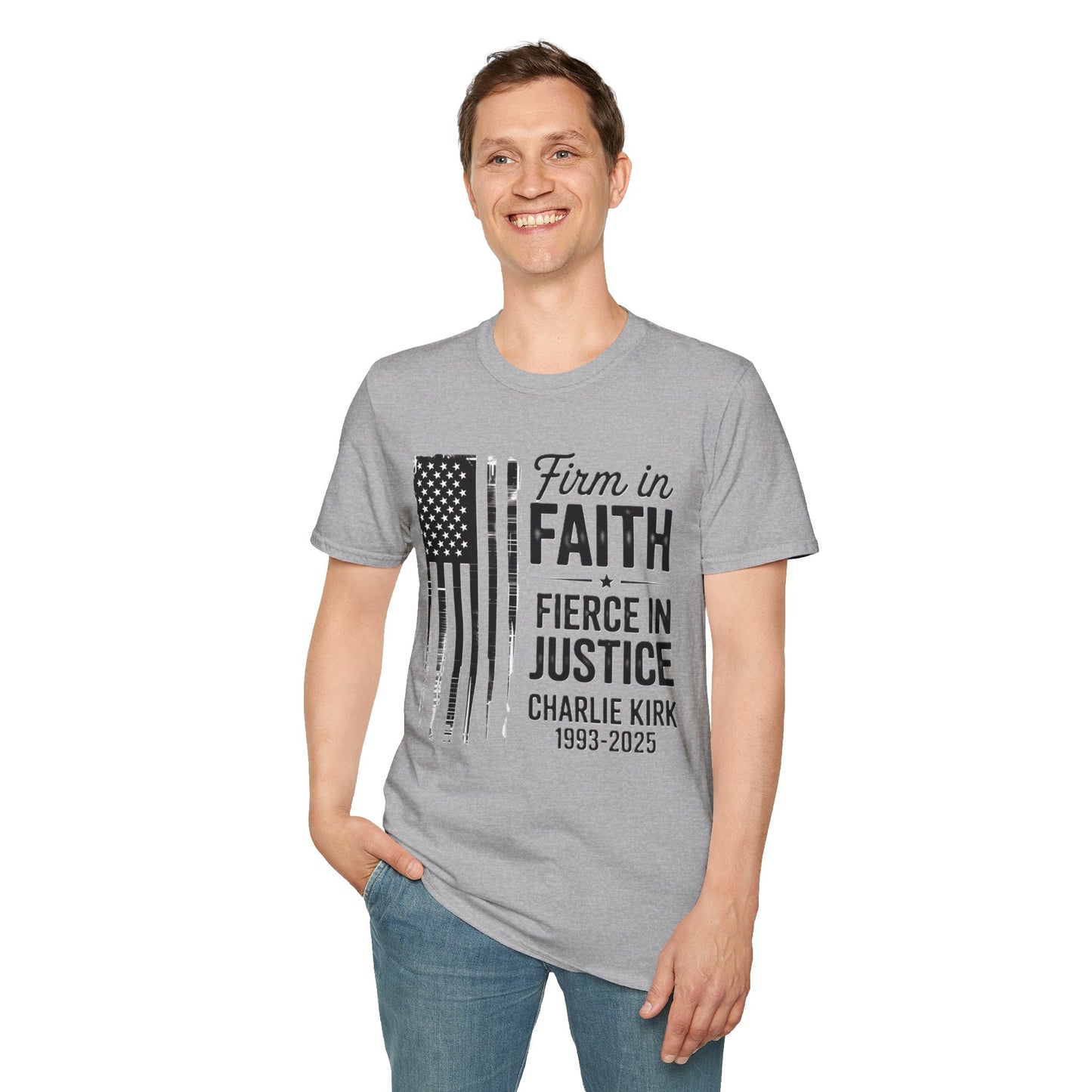 Patriotic Tribute T-Shirt - Firm in Faith, Fierce in Justice - Ideal for Memorials, Gift for Veterans, Casual Wear, Independence Day, [...]