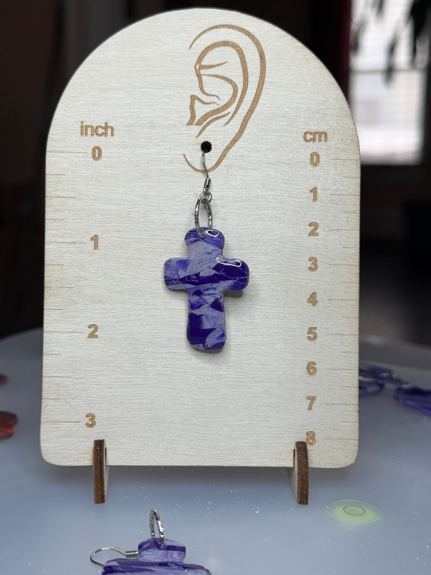 Handmade Purple Marbled Cross Polymer Clay Earrings | Lightweight Faith Dangle Earrings