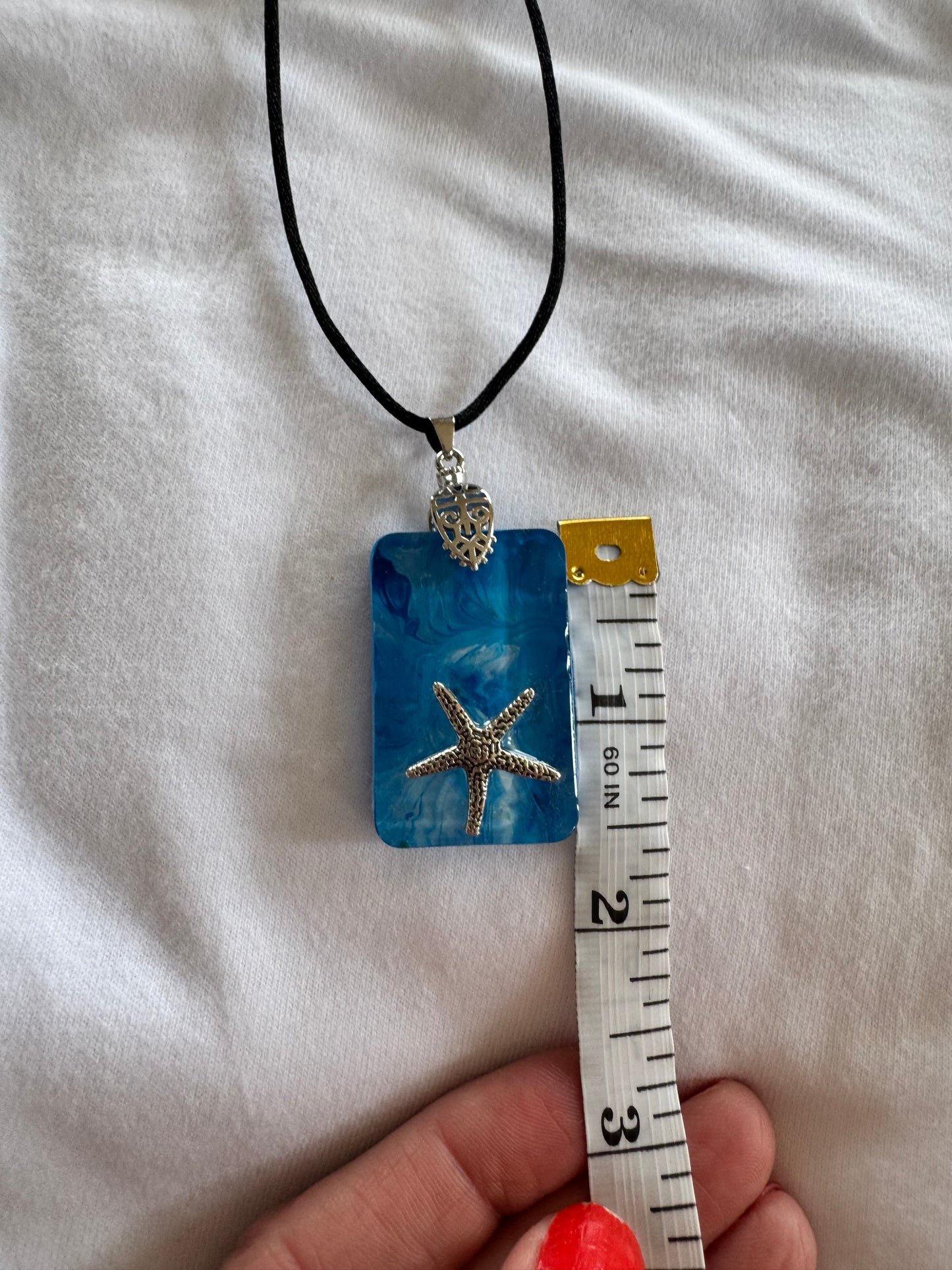 Starfish Set in Ocean Resin Pendant - Blue Resin Pendant on Velvet Chain