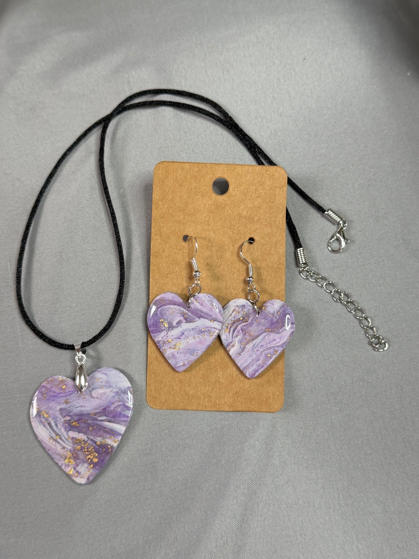 Handmade Lavender Heart Jewelry Set | Polymer Clay & Resin Necklace with Matching Earrings