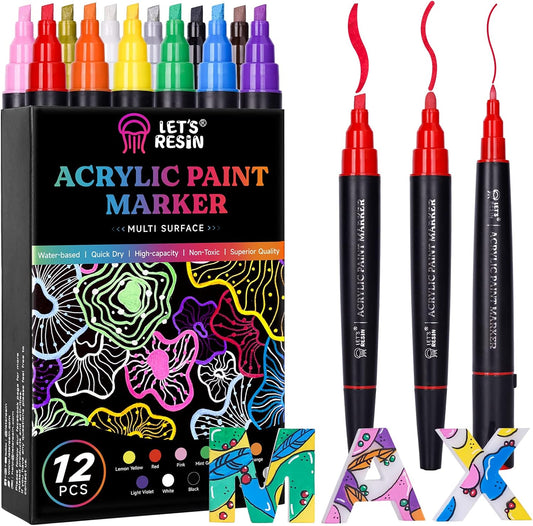LET'S RESIN 12 Colors Acrylic Paint Markers, 3 Tips Multi-Purpose & High-Capacity Acrylic Paint Pens, Perfect Resin Supplies for Resin Crafts, Rock, Stone, Canvas, Glass, DIY Making Art Supplies