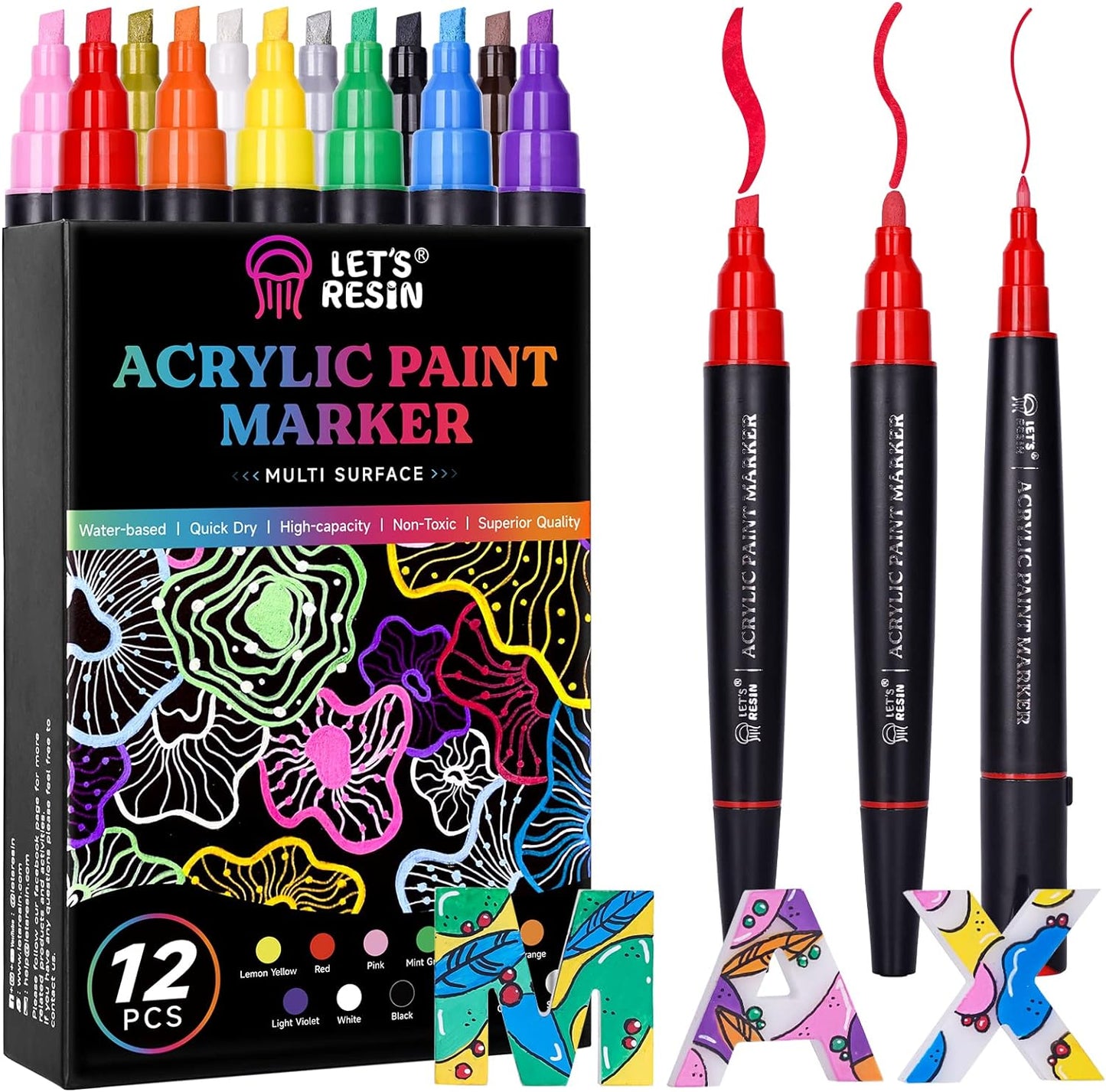 LET'S RESIN 12 Colors Acrylic Paint Markers, 3 Tips Multi-Purpose & High-Capacity Acrylic Paint Pens, Perfect Resin Supplies for Resin Crafts, Rock, Stone, Canvas, Glass, DIY Making Art Supplies