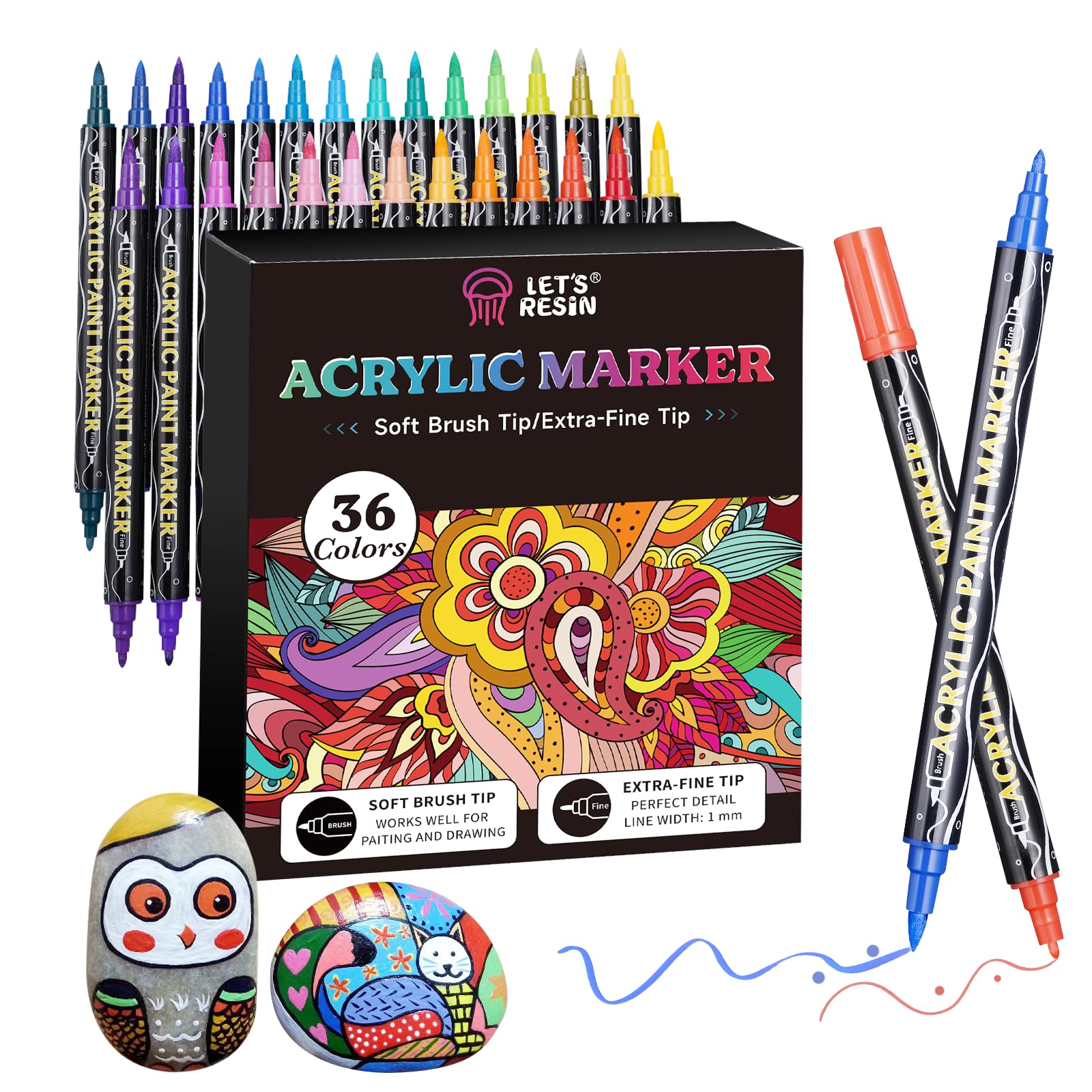 LET'S RESIN 12 Colors Acrylic Paint Markers, 3 Tips Multi-Purpose & High-Capacity Acrylic Paint Pens, Perfect Resin Supplies for Resin Crafts, Rock, Stone, Canvas, Glass, DIY Making Art Supplies