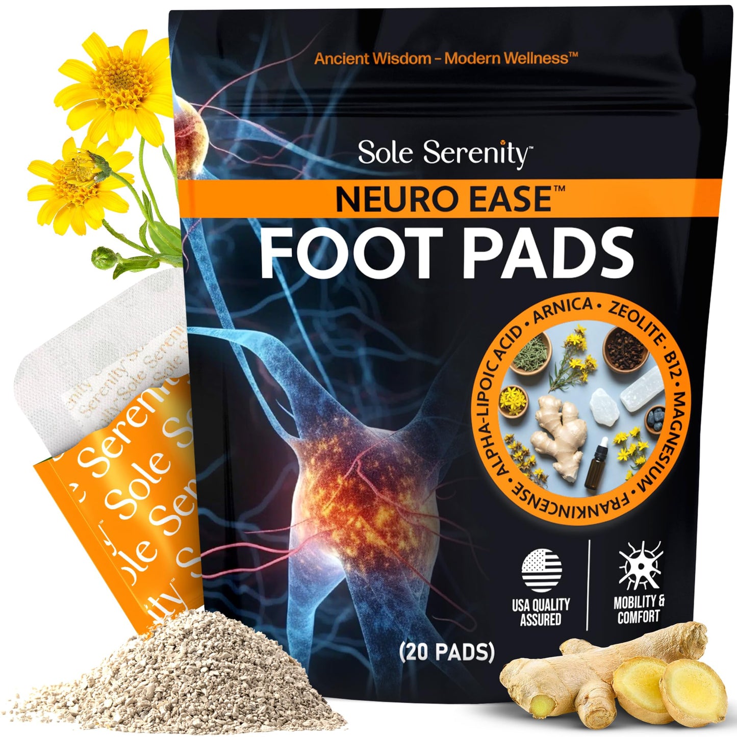 Sole Serenity Foot Pads - Zeolite Mineral, Ginger Root, Wormwood, Bamboo Vinegar, Foot Spa for Tired Feet (Good Night - 1 Pack)