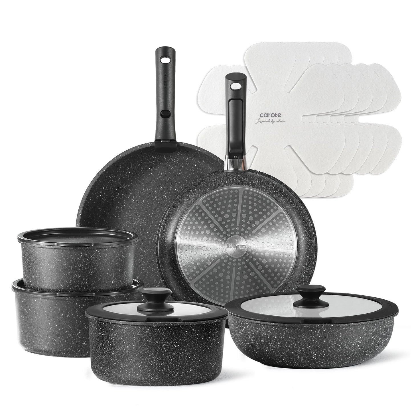 CAROTE 11pcs Pots and Pans Set, Nonstick Cookware Detachable/Removable Handle, Induction RV Kitchen Set, Oven Safe, Cream White