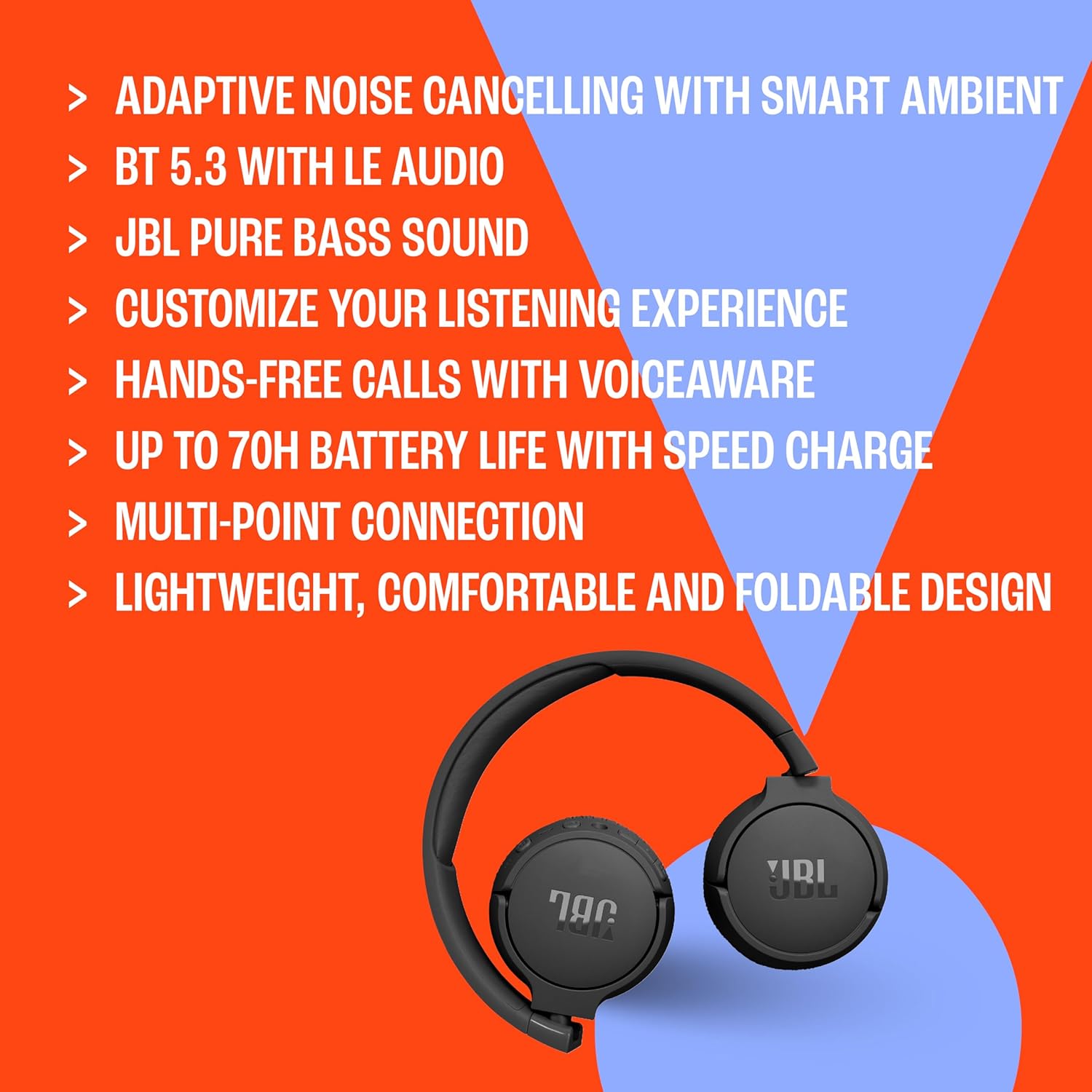 JBL Tune 670NC - Adaptive Noise Cancelling with Smart Ambient Wireless On-Ear Headphones, Up to 70H Battery Life with Speed Charge, Lightweight, Comfortable and Foldable Design (Blue)