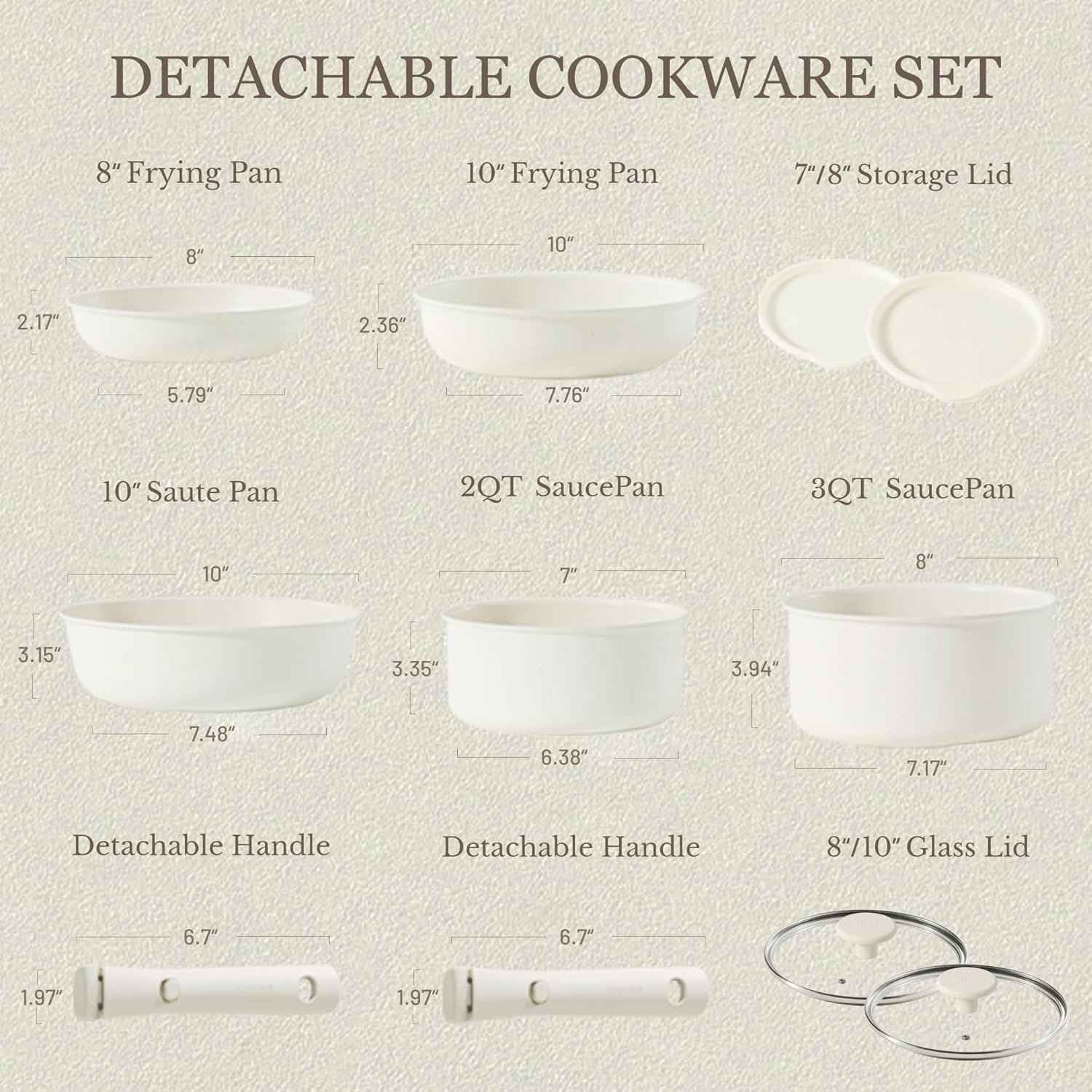 CAROTE 11pcs Pots and Pans Set, Nonstick Cookware Detachable/Removable Handle, Induction RV Kitchen Set, Oven Safe, Cream White