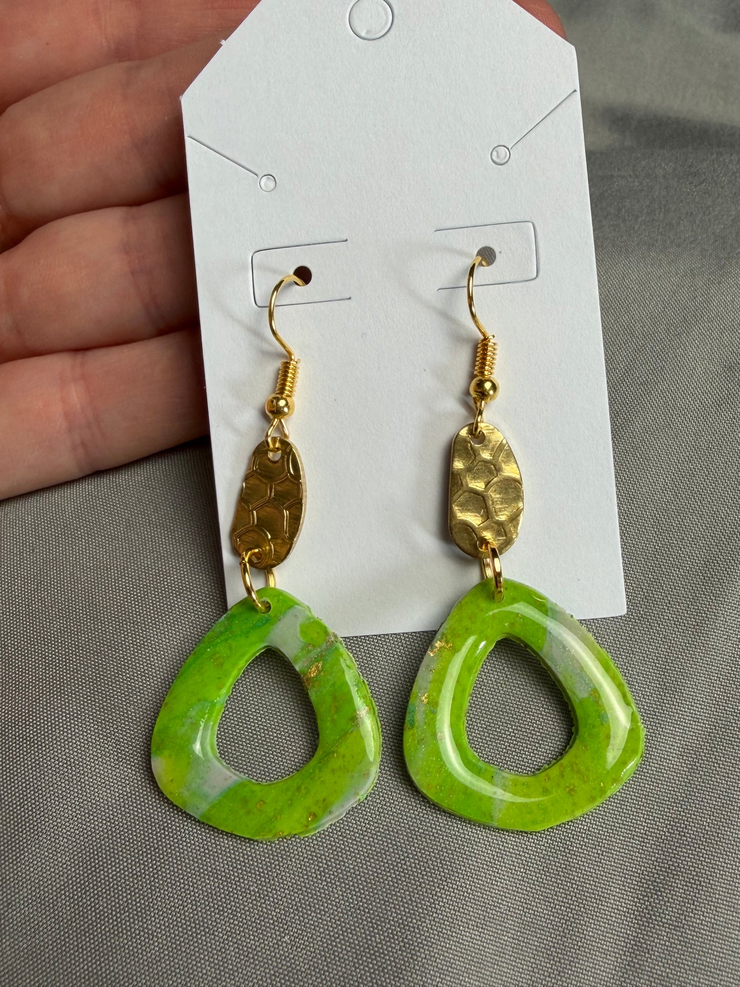 Handmade Lime Green Polymer Clay & Resin Teardrop Earrings with Gold Accent | Lightweight Statement Dangles