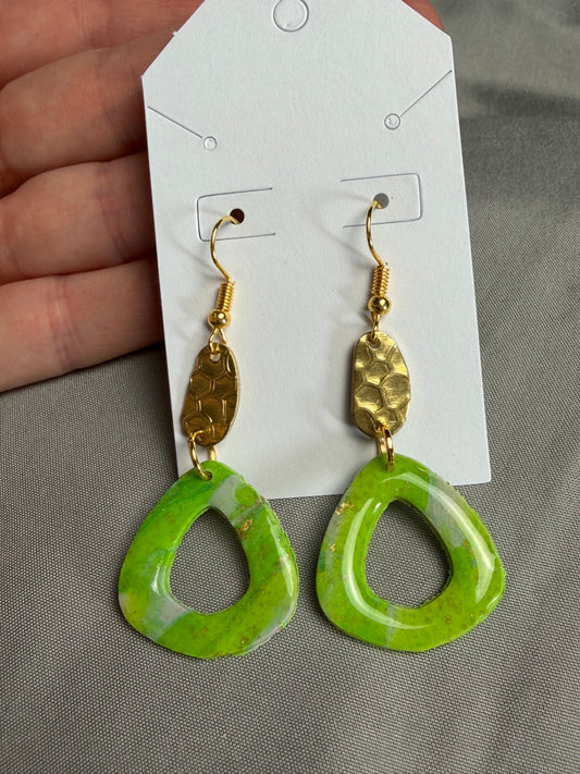 Handmade Lime Green Polymer Clay & Resin Teardrop Earrings with Gold Accent | Lightweight Statement Dangles