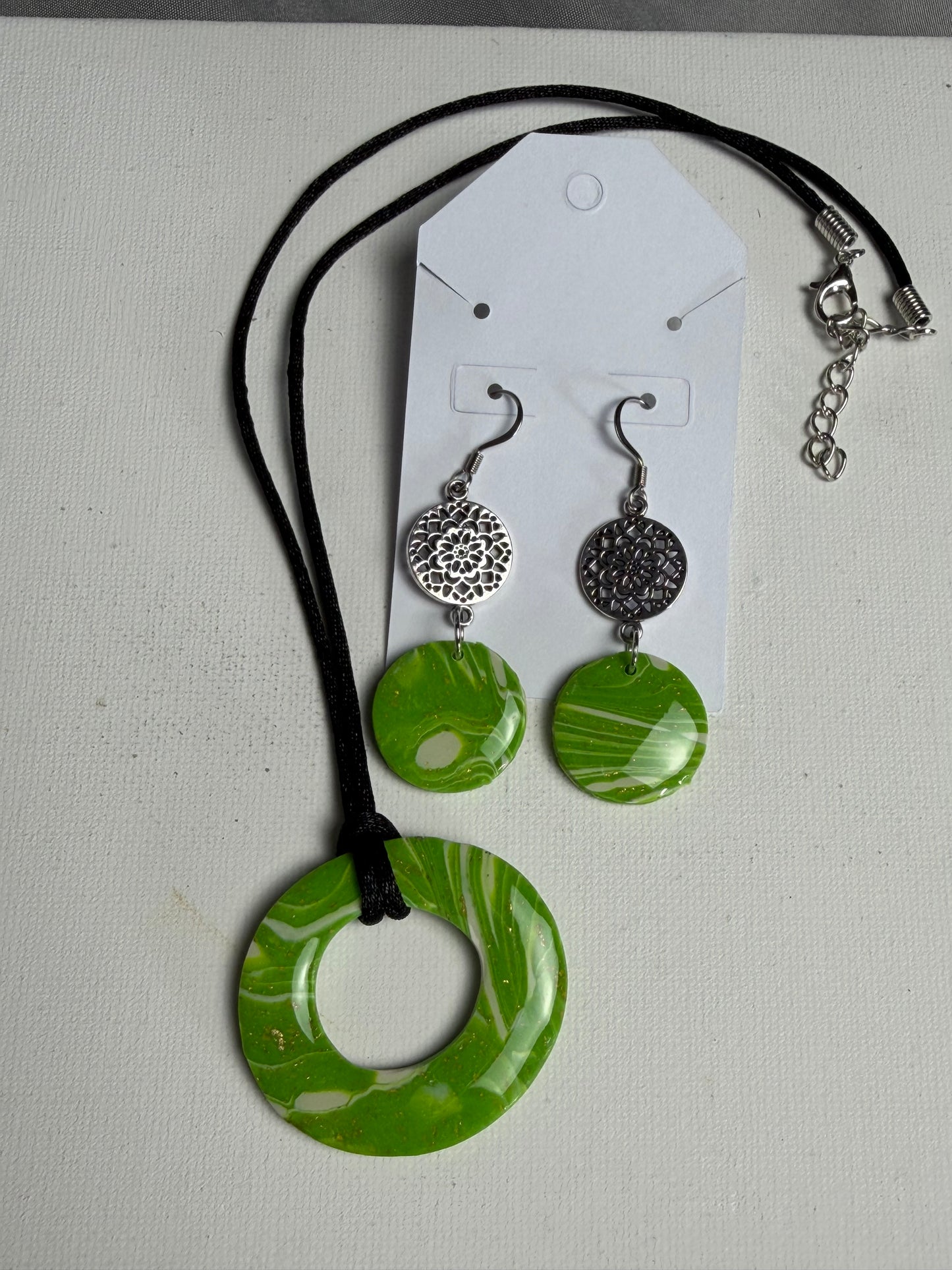 Handmade Lime Green Polymer Clay Jewelry Set | Resin Pendant Necklace & Matching Dangle Earrings | Artisan Statement Gift Set