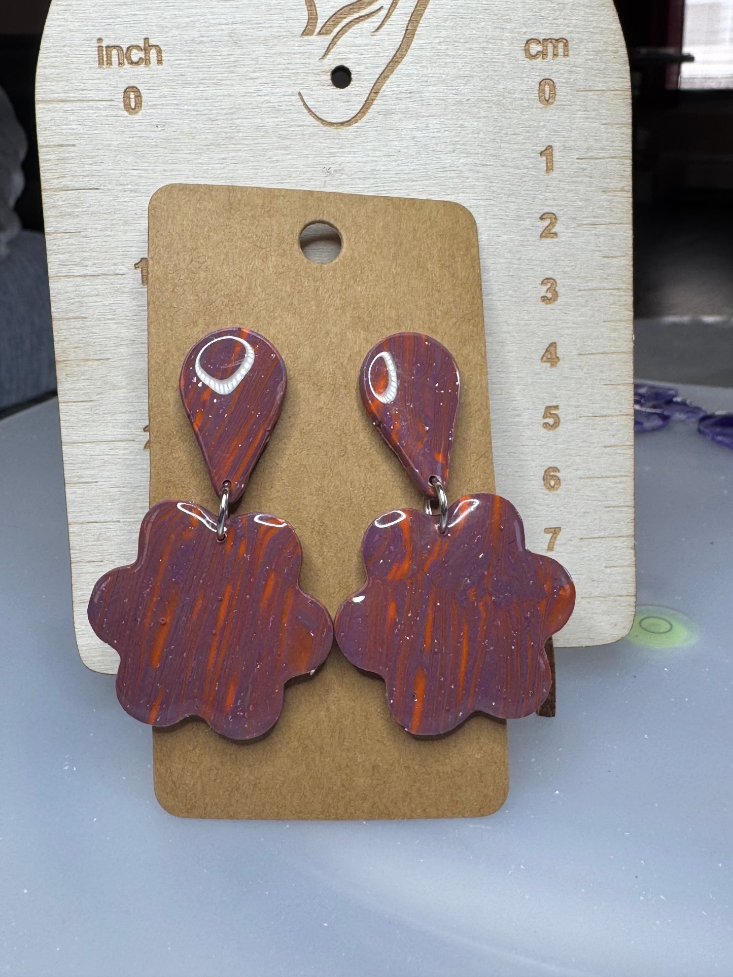 Rustic Marbled Flower Polymer Clay Dangle Earrings