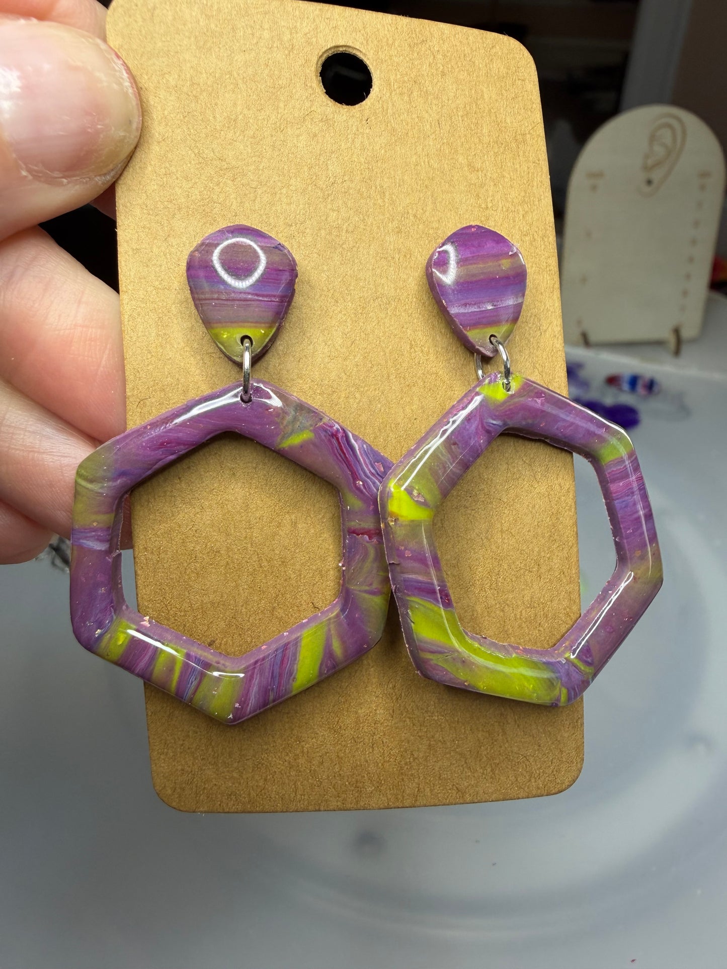 Handmade Marbled Hexagon Polymer Clay Earrings | Purple & Lime Green Geometric Statement Dangles
