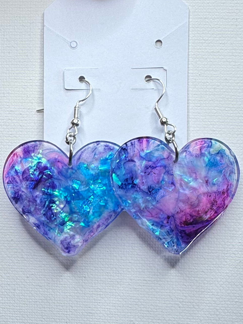 Heart Earrings – Iridescent Resin Dangle Earrings, Purple Blue Pink Statement Jewelry