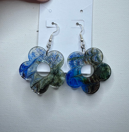Ocean Bloom Resin Flower Earrings – Blue Green Dangle Statement Earrings